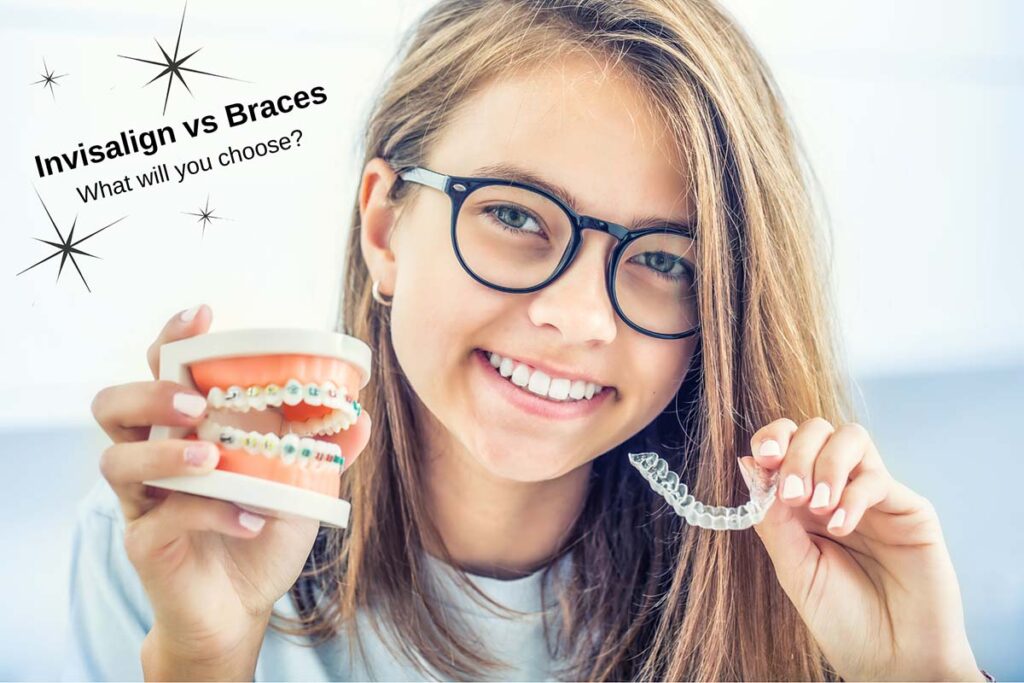 girl holding both Invisalign clear aligners vs traditional metal braces to show the comparison