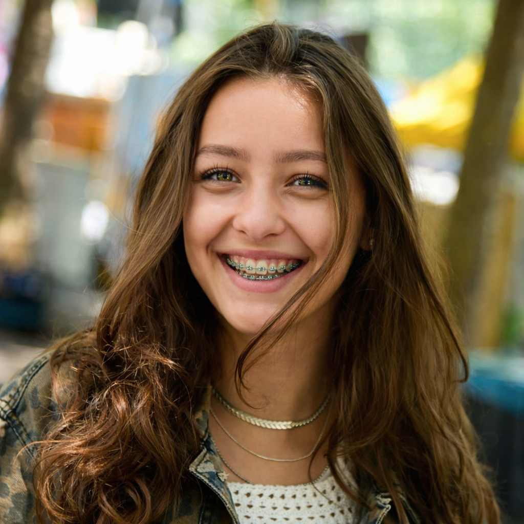 girl wearing traditional metal braces while walking around the Folsom farmer's market