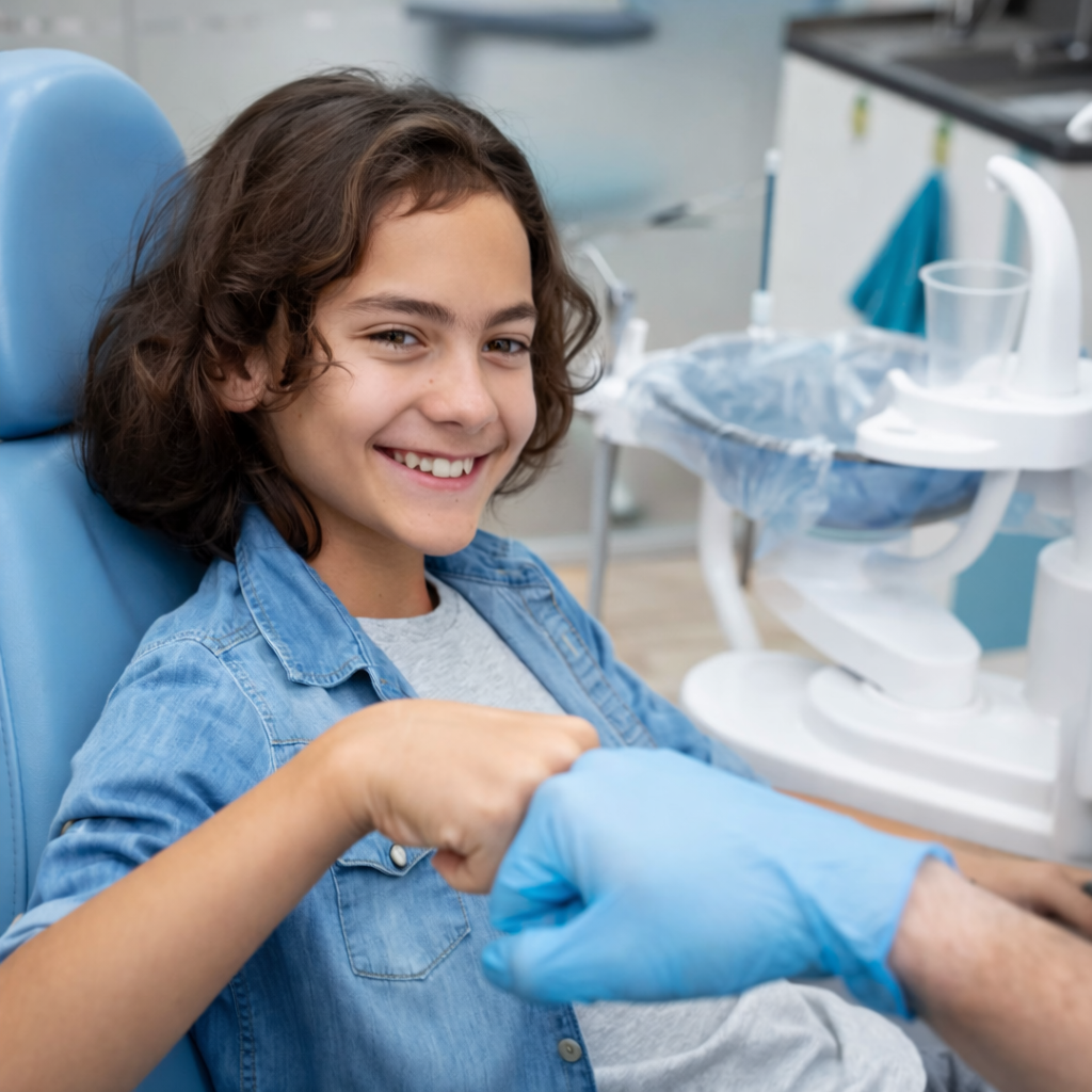 Patient smiling while holding Invisalign clear aligners from Kelleher Orthodontics for a confident, straighter smile.