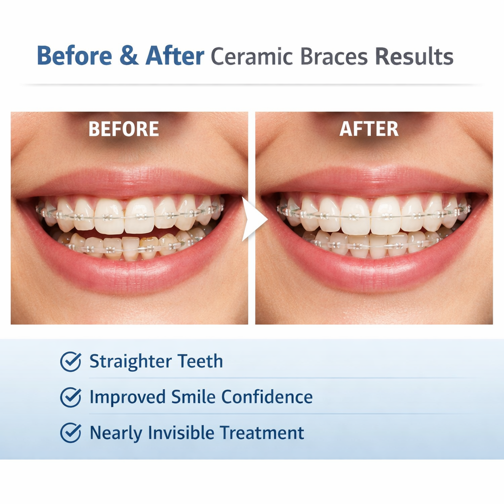 Ceramic braces on a senior patient, visually representing an orthodontic solution for those considering treatment time.